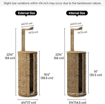 StorageWorks Wicker Seagrass Freestanding Toilet Paper Holder Stand with Storage, Farmhouse Covered Toilet Paper Stand for 4 Rolls with Cloth Lining, Tissue Holder for Bathroom Decor with Shelf