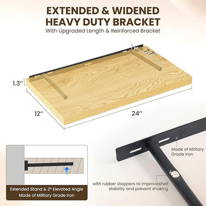 Dreamland 24" Floating Shelves for Wall, 12" Deep Slim Oak Floating Shelves, Wall-Mounted Shelves for Bedroom, Living Room, Kitchen, Bathroom - Set of 2
