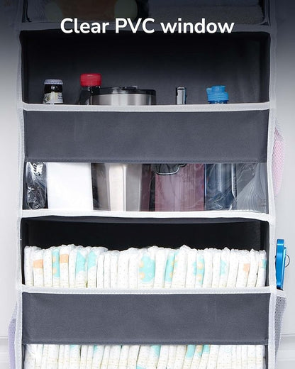 ULG 1 Pack Over Door Organizer with 5 Large and 10 Mesh Side Pockets, 44 lbs Weight Capacity Hanging Storage with Clear Window Kids Toys, Shoes, Diapers, Dark Grey, 5 Layers