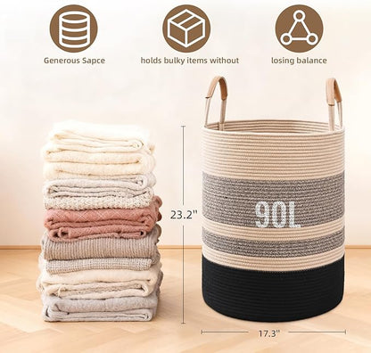 90L Striped Laundry Basket, Brown & Black Laundry Hamper with Leather Handles, Woven Cotton Rope Storage Bin for Blankets, Nursery Hamper for Clothes, Toys In Bathroom, Livingroom, Bedroom