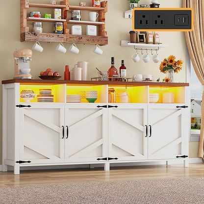 63'' Buffet Sideboard with Storage with Power Outlets & LED Light 4 Doors, Large Farmhouse Kitchen Storage Cabinet Wood Coffee Bar Cabinet Buffet Table for Kitchen, Dining Room, Entryway