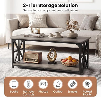 Giantex Farmhouse Coffee Table, 43" Center Table with Storage & X-Shaped Frames, 2-Tier Modern Accent Cocktail Tea Table, Rectangular Wooden Living Room Tables for Small Spaces, Grey Oak