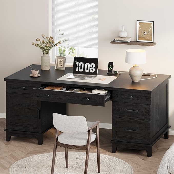 60" Traditional Home Office Desk with Power Outlets, Wooden Executive Desk with File Cabinet and Drawers, Farmhouse Wood Work Desk for Work, Study, Writing, Black