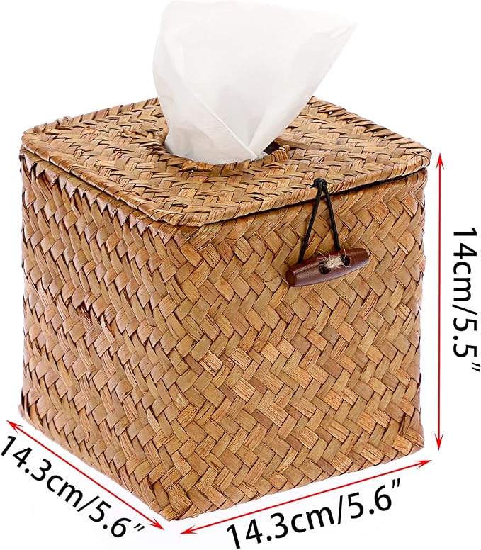Sumnacon Tissue Box Cover Square Seagrass Tissue Box with Lid, Woven Tissue Box Holder Rustic Cube Tissue Cover for Bathroom Toilet Bedroom Living Room Kitchen Table Desk Office Car, Caramel