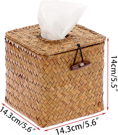 Sumnacon Tissue Box Cover Square Seagrass Tissue Box with Lid, Woven Tissue Box Holder Rustic Cube Tissue Cover for Bathroom Toilet Bedroom Living Room Kitchen Table Desk Office Car, Caramel