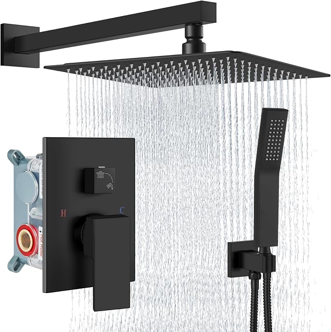 Aolemi Shower Faucet Set Rain Shower System with Handheld Spray Bathroom Shower Combo Rough-in Valve and Shower Trim Kit Included Matte Black 16 Inch Wall Mount Shower Head