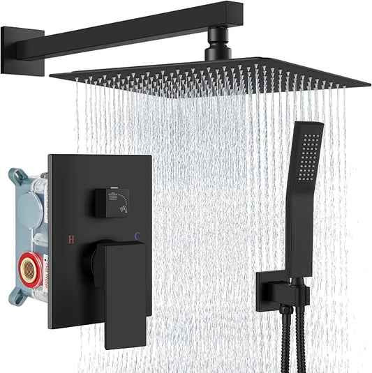 Aolemi Shower Faucet Set Rain Shower System with Handheld Spray Bathroom Shower Combo Rough-in Valve and Shower Trim Kit Included Matte Black 16 Inch Wall Mount Shower Head