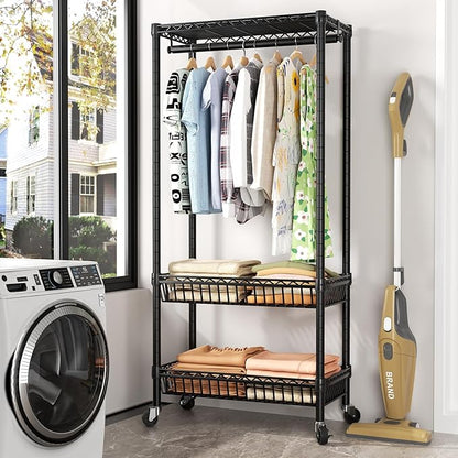 Heavy Duty Clothes Rack Rolling Garment Rack,3 Tier Adjustable Wire Shelving Clothing Racks for Hanging Clothes with Double Rods&Side Hooks,Freestanding Wardrobe Storage Rack Metal Portable Closet