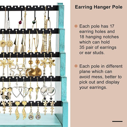 Pinzoveco Earring Organizer, 5 Layer Earring Holder Organizer with Necklace Holder Pole, Rustic Wood Jewelry Organizer Stand Display for Stud Earring Bracelet Necklace Ring, 175 Earring Holes