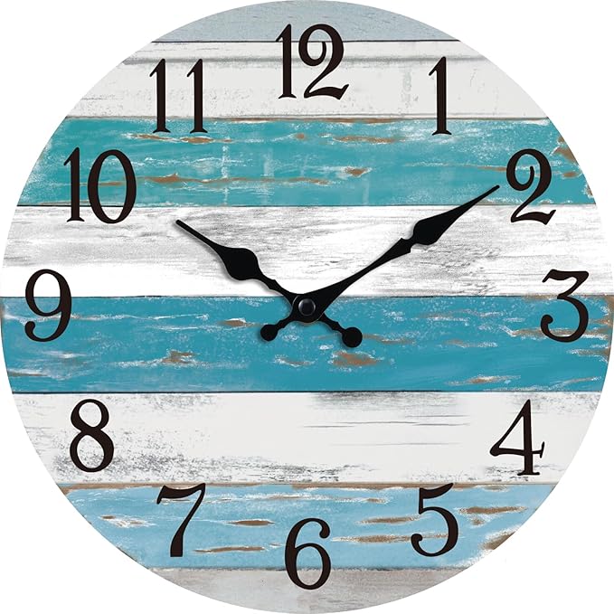 KECYET Wall Clock Battery Operated 12 Inch Outdoor Beach Style Blue Coastal Retro Silent Non Ticking Decorative for Bathroom Kitchen Living Room Bedroom