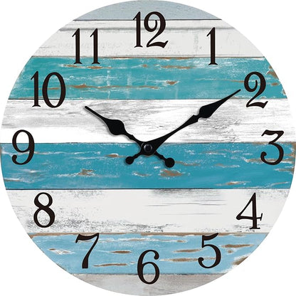 KECYET Wall Clock Battery Operated 12 Inch Outdoor Beach Style Blue Coastal Retro Silent Non Ticking Decorative for Bathroom Kitchen Living Room Bedroom