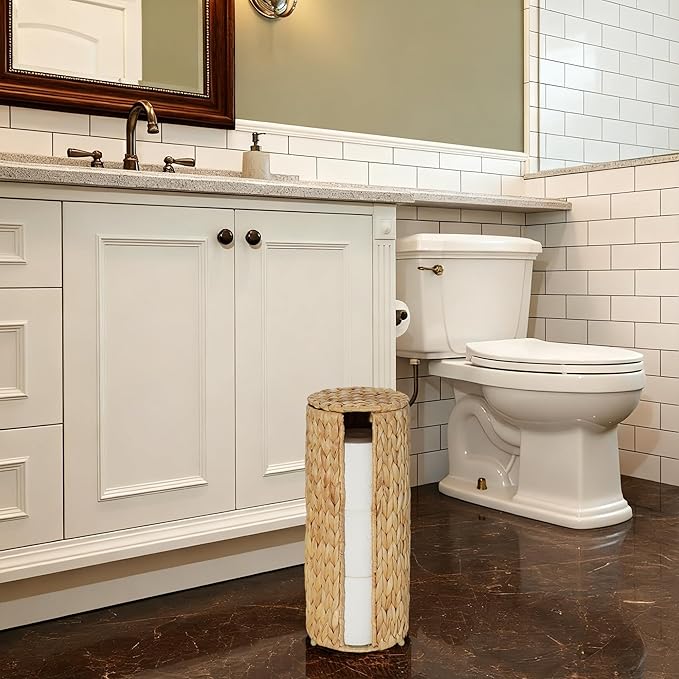 PINXIURY Water Hyacinth Paper Roll Holder, Wicker Toilet Paper Holder Stand for Bathroom, 3 Rolls of Toilet Paper Storage, Toilet Roll Holder Stand for Bathroom and Under Sink