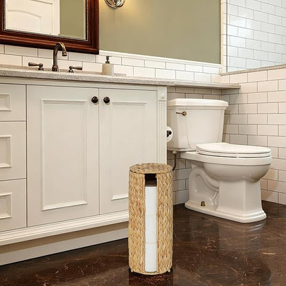 PINXIURY Water Hyacinth Paper Roll Holder, Wicker Toilet Paper Holder Stand for Bathroom, 3 Rolls of Toilet Paper Storage, Toilet Roll Holder Stand for Bathroom and Under Sink