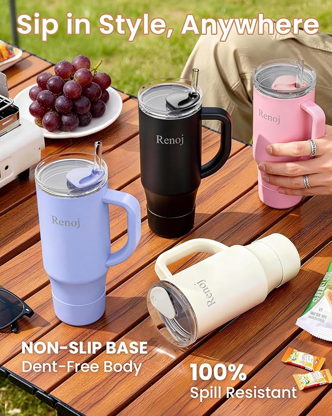 Renoj Tumbler with Handle 100% Spill Resistant Insulated Water Bottle for Iced Coffee & Hot Drinks - Fits Car Cup Holder, Ideal Gift, 2 Straws & Silicone Boot BPA-Free - FlexSlide Black 40 oz
