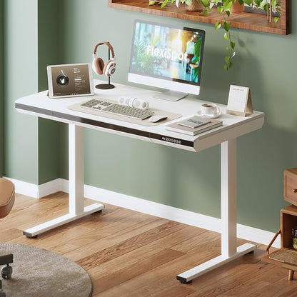 FLEXISPOT One-Piece 48" Standing Desk with Acrylic-Front Drawer, Fast-Assembly Ergonomic Sit-to-Stand Desk with MDF Top, 4 Height Memory Presets Touch-Control, Home Office Computer Workstation, White