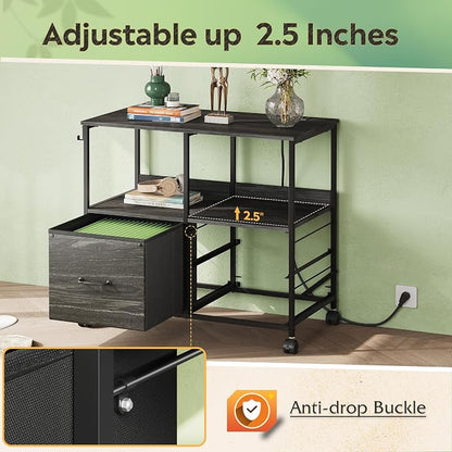 DEVAISE 3 Drawer File Cabinet with Charging Station, Rolling Printer Stand for Office Storage, Mobile Filing Cabinet fits Under Desk Storage, Charcoal Black Wood Grain Print