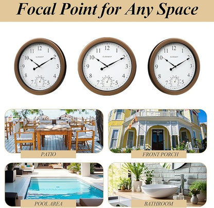 CLXEAST 10.4 Inch Indoor Outdoor Clocks Waterproof,Outdoor Clock with Temperature for Bathroom,Kitchen, Patio,Pool,Bronze/Dark Brown Finish,House Warming Gifts New Home