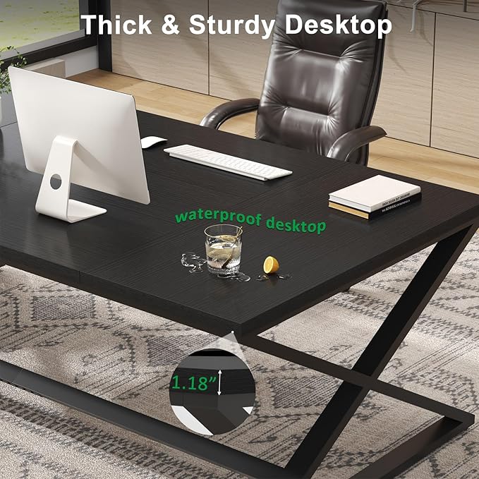 IBF Large Black Computer Desk, 70.8” Long Writing Desk for Home Office, Modern Simple Executive Work Study Desk for Two Person, Wood Double PC Gaming Workstation Computer Table for Bedroom, Black Oak