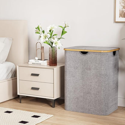Lifewit 120L Laundry Basket with Lid, Clothes Hampers for Laundry with Bamboo Handles and 2 Removable Bag, Large Foldable Laundry Hamper for Bedroom, Bathroom, Dorm, Laundry Room, Light Gray