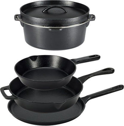 Amazon Basics Pre-Seasoned Cast Iron 5-Piece Cookware Set, Oven Safe, Cooks Evenly, 14.17 x 12.2 x 10.63 in, Black