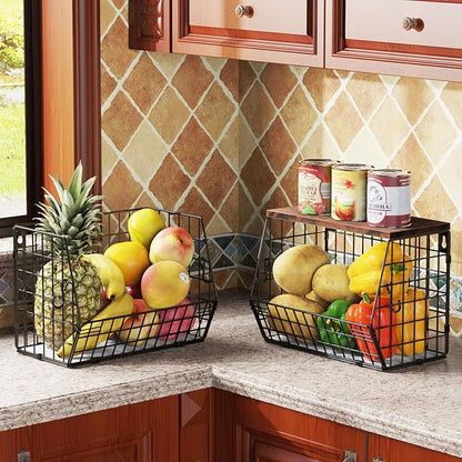 Fruit Bowl for Kitchen Counter Stackable Wall Mounted Hanging Basket Wire Basket with Wood Lid with Banana Hanger Hooks, Onion,Potato,Fruit and Vegetable Storage