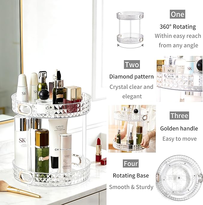 360 Rotating Makeup Organizer for Vanity, 2 Tier Diamond Pattern Perfume Organizer for Women, Large Capacity Skincare Lotion Cosmetic Organizer, Bathroom Countertop Makeup Holder, Clear