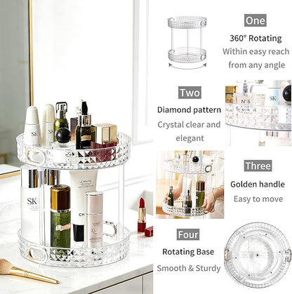 360 Rotating Makeup Organizer for Vanity, 2 Tier Diamond Pattern Perfume Organizer for Women, Large Capacity Skincare Lotion Cosmetic Organizer, Bathroom Countertop Makeup Holder, Clear