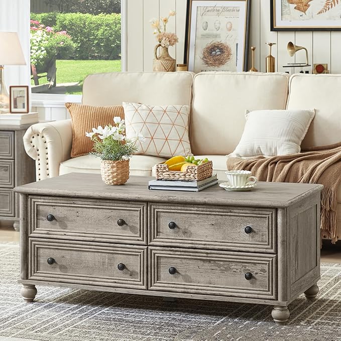 48" Farmhouse Coffee Table with Hidden Storage,Wooden Coffee Tables with 4 Drawers & Roman Column Handle,Rectangular Rustic Center Table with Solid Wood Curved Legs for Living Room,Office,Grey
