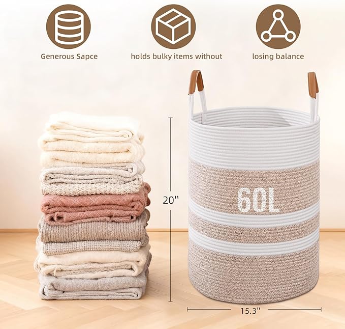 60L Striped Laundry Basket, Brown Laundry Hamper with Leather Handles, Woven Cotton Rope Storage Bin for Blankets, Nursery Hamper for Clothes, Toys In Bathroom, Livingroom, Bedroom