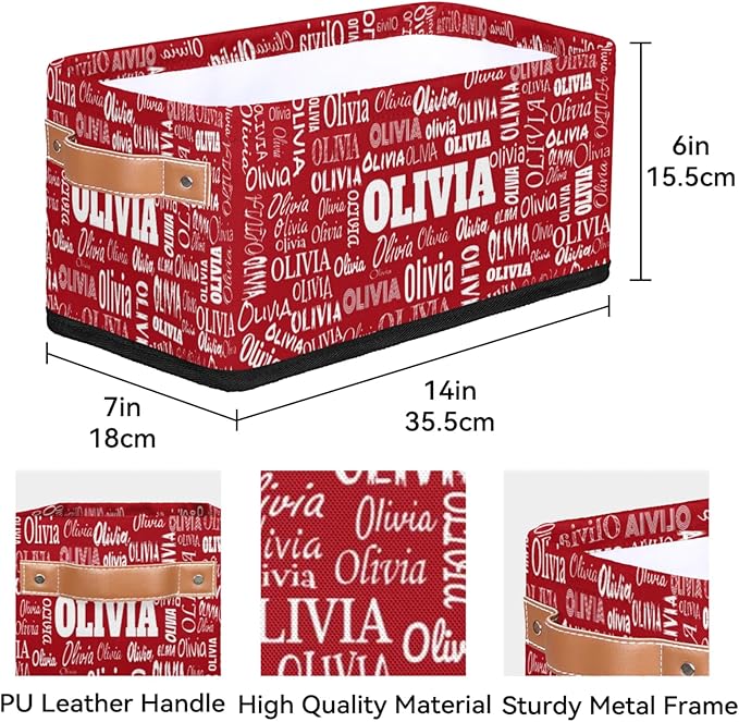 Personalized Small Kids Toys Box with Name, Custom Solid Red Nursery Baskets, Women Makeup Organization Custom Storage Toilet Paper Organizer