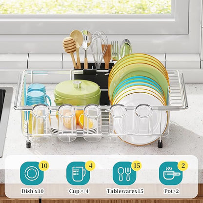 Simple Trending Adjustable Dish Drying Rack in Sink, Dish Drainers for Small Kitchen, Counter Inside Sink, Over the Sink with Utensil Holder