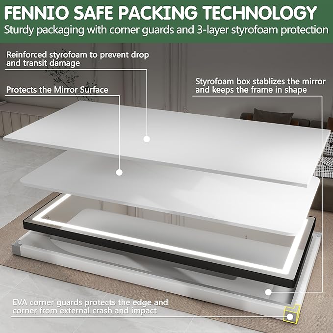 FENNIO Full Length Mirror with Lights, 80" x 36" LED Full Body Mirror, Wall Mounted Hanging Mirror with Lights for Bedroom, Salon, Dimmable & 3 Color Lighting, Tempered Glass