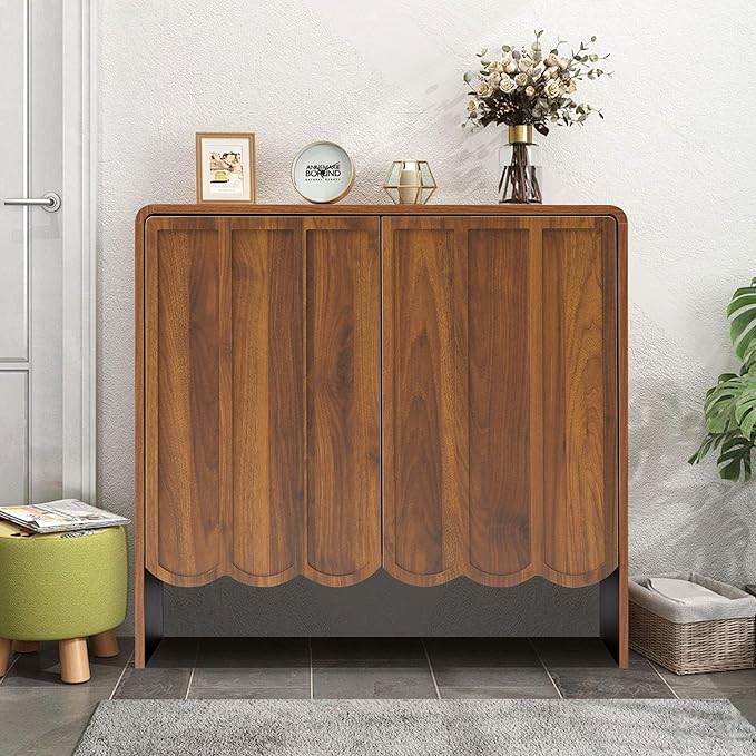 ORRD Sideboard Buffet Cabinet Set of 2, Accent Storage Cabinets with 2 Doors, Farmhouse Wood Cabinet with Adjustable Shelves and Wave Panel for Living Room, Dining Room, Entry - Walnut | 2 Doors, Adjustable Shelves, Wave Panel