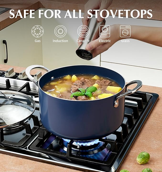 KOCH SYSTEME CS 6 Quart Nonstick Stock Pot with Lid, 6 QT Nonstick Ceramic Stockpot with Stay-Cool Handles, Induction Cooking Pot for Soups, Casserole, Soup Pot, Even Heating, Oven Safe, Gradient Blue