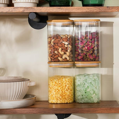 37oz Airtight Glass Square Storage Canisters with Bamboo Lids Set of 4 (1100ml) Striped Stackable Containers, Decorative Kitchen Jars for Tea, Nuts and Coffee (‎with Black Lable)