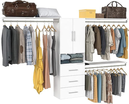 ClosetMaid SuiteSymphony Modern Hanging Closet Kit Includes (1) Tower, (3) Closet Rods, (4) Shelves, (3) Top Shelves w/Brackets, (3) Drawers, and (1) Closet Door Set, White
