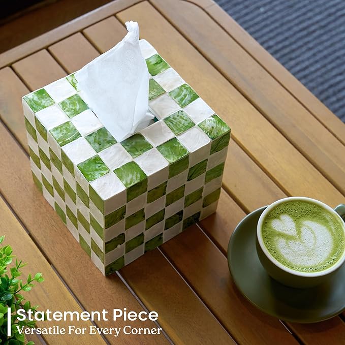 CHI AN HOME 5.5" Square Tissue Box Cover, Handmade Checkered Cube Tissue Box Cover with Capiz Shells, Decorative Tissue Holder for Living Room, Bathroom, Bedroom or Office (Pistachio Green)