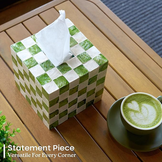 CHI AN HOME 5.5" Square Tissue Box Cover, Handmade Checkered Cube Tissue Box Cover with Capiz Shells, Decorative Tissue Holder for Living Room, Bathroom, Bedroom or Office (Pistachio Green)