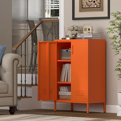 Metal Locker Cabinet,Morden Storage Cabinet with 2 Adjustable Shelves,Metal Storage Cabinets with 2 Doors for Home Office.Entryway,Orange