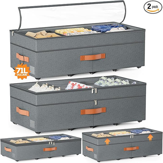 Dayacoco Under Bed Storage with Wheels, 2Pack 71L Under the Bed Storage Containers, Adjustable Underbed Drawer with Lids, Underbed storage Rolling Bin for Shoes, Clothes, Blankets, Grey