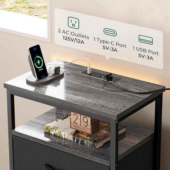 Huuger Night Stand with Charging Station, 4 Drawer Dresser for Bedroom, Bedside Table, 33.9 Inch Tall Nightstand with Open Shelf, End Table, for Closet, Entryway, Bedroooom, Gray