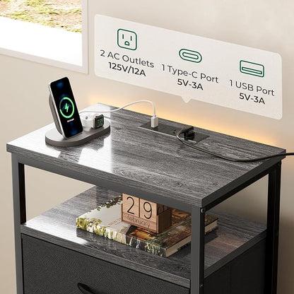 Huuger Night Stand with Charging Station, 4 Drawer Dresser for Bedroom, Bedside Table, 33.9 Inch Tall Nightstand with Open Shelf, End Table, for Closet, Entryway, Bedroooom, Gray