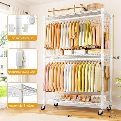 P5 Plus Rolling Clothes Rack Heavy Duty, Clothing Racks for Hanging Clothes, Metal Garment Rack with Wheels, 3-Tier Portable Closet Rack 45'' W × 20.5'' D × 80.5'' H, Max Load 660 Lbs, White