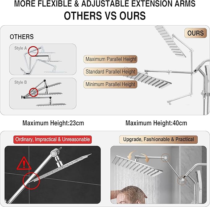 All Metal 12 Inch Rain Shower Head with Handheld Built-in Power Wash Mode, High Pressure Waterfall Rainfall Square Shower Heads with 16" Adjustable Extension Arm, Dual Showerhead(Chrome)