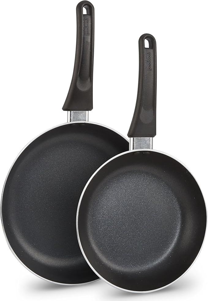 GoodCook Nonstick Aluminum Frying Pan Set, 8" and 10" Skillets, Black, Even Heating, Stay-Cool Ergonomic Handle, PFOA-Free Nonstick Coating, Ideal for Sautéing, Searing, and Frying