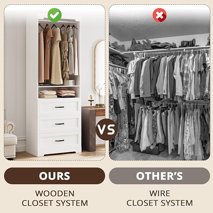 IRONCK Freestanding Closet System with 3 Wood Drawers, Modern Armoire Wardrobe with Adjustable Shelves & Hanging Rod, Walk-in Closet Systems Organizer for Small Closet, White