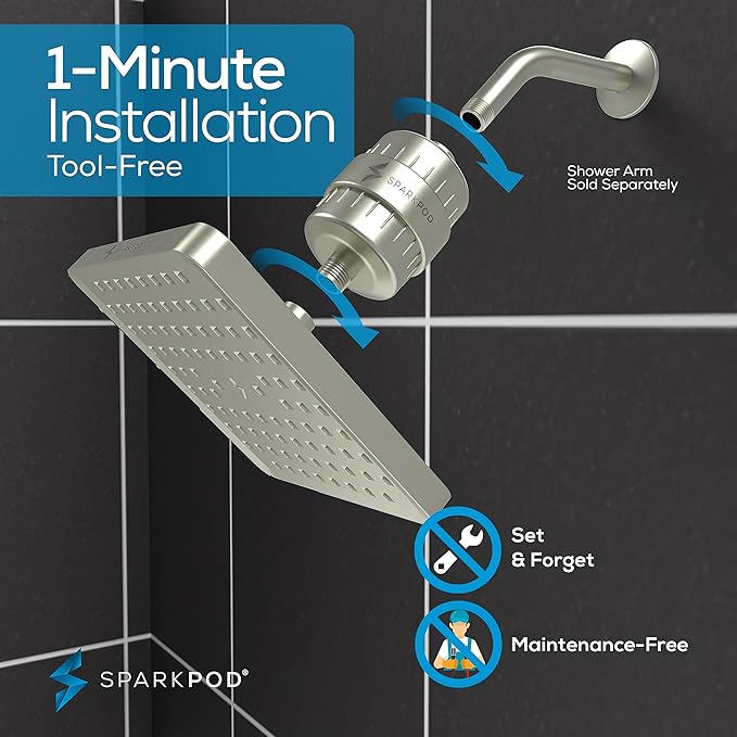 SparkPod 23-Stage Filtered Shower Head, 8" Square, Brushed Nickel | Filtered Shower Head for Hard Water Filter, High Pressure, Reduces Chlorine, Heavy Metals, For Dry Skin & Hair