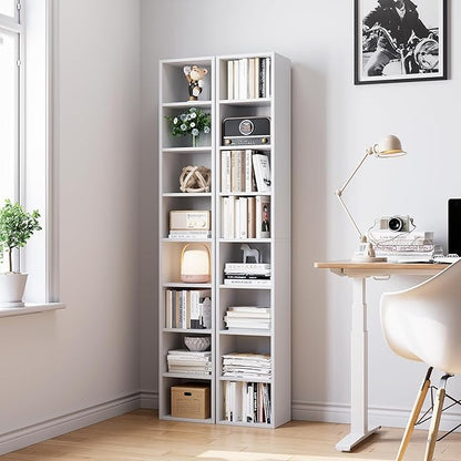 Bamjoy 71 Inches Tall Narrow Bookshelf, 8-Tier CD DVD Slim Media Tower Rack, Corner Bookcase with Adjustable Shelves, Skinny Cubes Bookshelves for Home Office Small Space, White