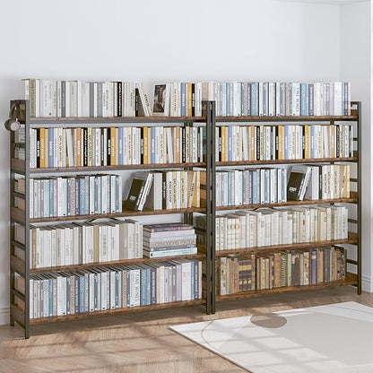 HCHQHS 5 Tier Bookshelf, Adjustable Industrial Bookcase, Vertical Tall Book Shelf, Wood and Black Metal Open Bookshelves for Home Office, Living Room, Bedroom