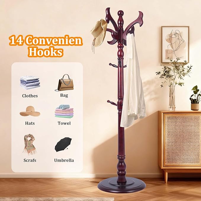 Wood Coat Rack Stand Heavy Duty, Coat Hanger Stand Height 72“ with Hooks, Coat Tree Freestanding for Entrance, Office, Living Room, Bedroom, Corridor